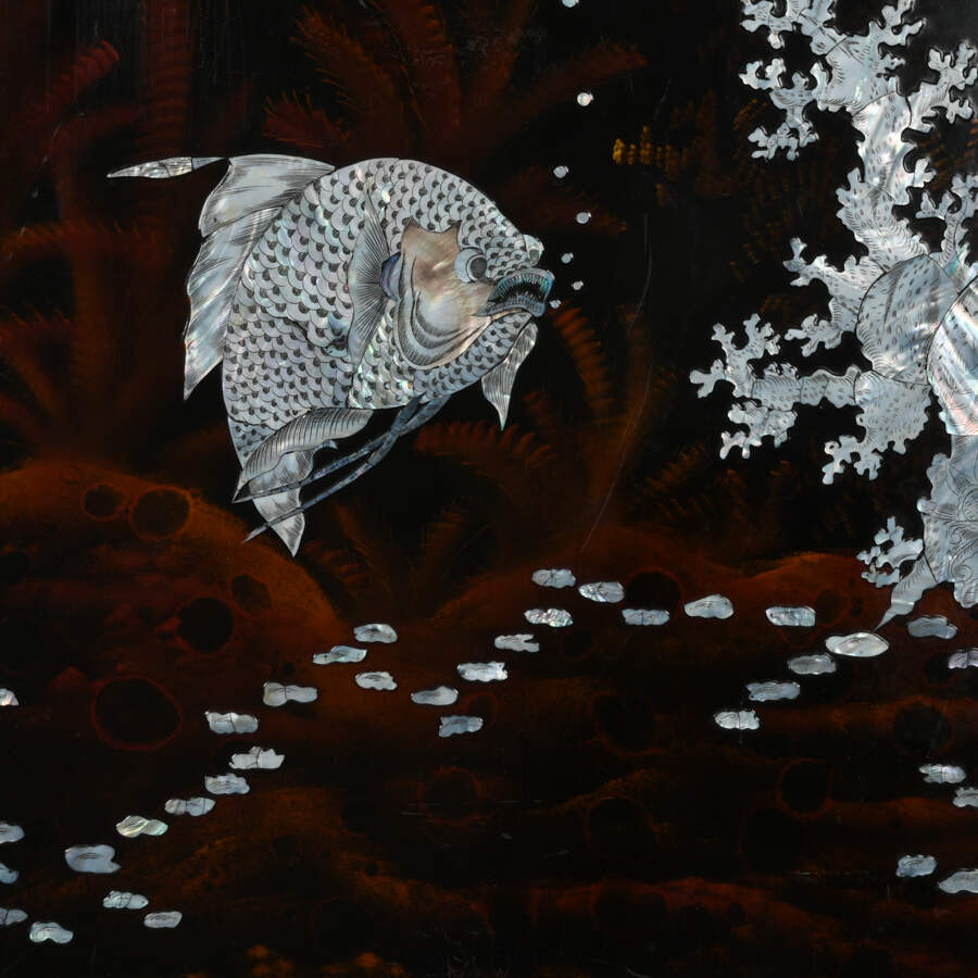 Pair of Black Lacquer Mother of Pearl Inlaid Koi Pond Wall Panels-3
