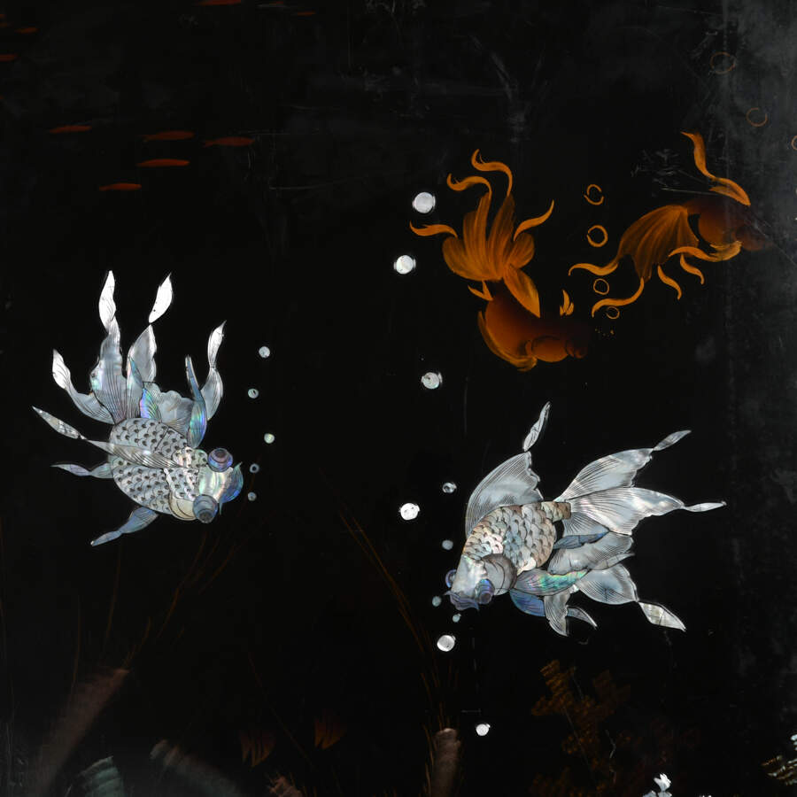 Pair of Black Lacquer Mother of Pearl Inlaid Koi Pond Wall Panels-2
