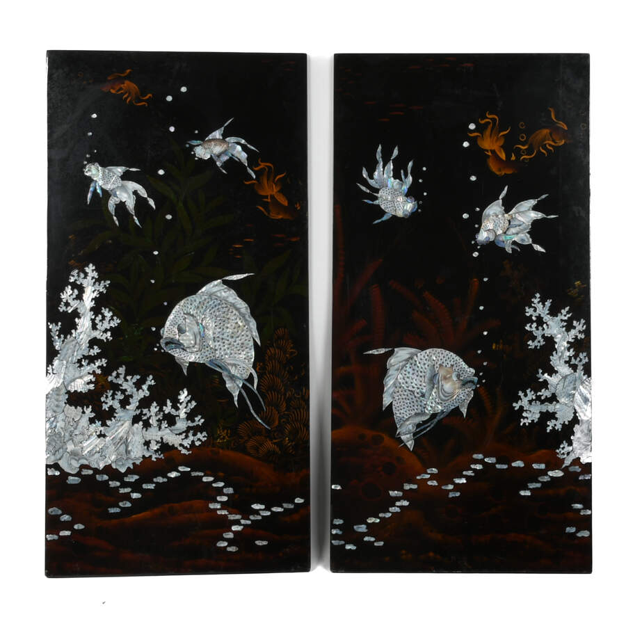 Pair of Black Lacquer Mother of Pearl Inlaid Koi Pond Wall Panels-1