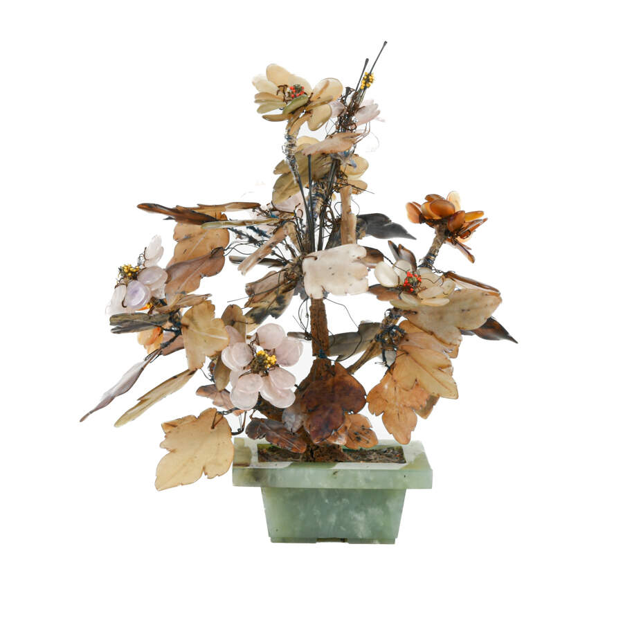 Antique Chinese Carved Hardstone and Jade Bonsai Tree-3