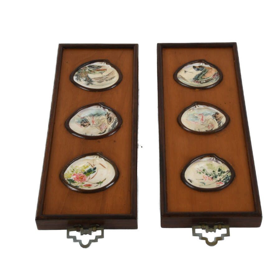 Antique Pair Chinese Hand-Painted Clam Shell Wall Panels-3