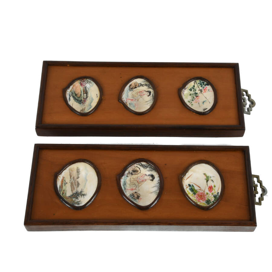 Antique Pair Chinese Hand-Painted Clam Shell Wall Panels-2