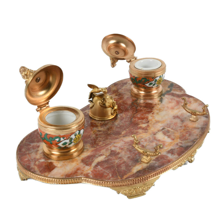 French Marble, Porcelain, and Ormolu Inkwell Desk Set-4