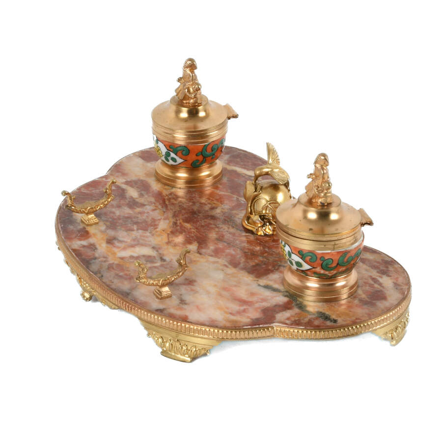 French Marble, Porcelain, and Ormolu Inkwell Desk Set-2