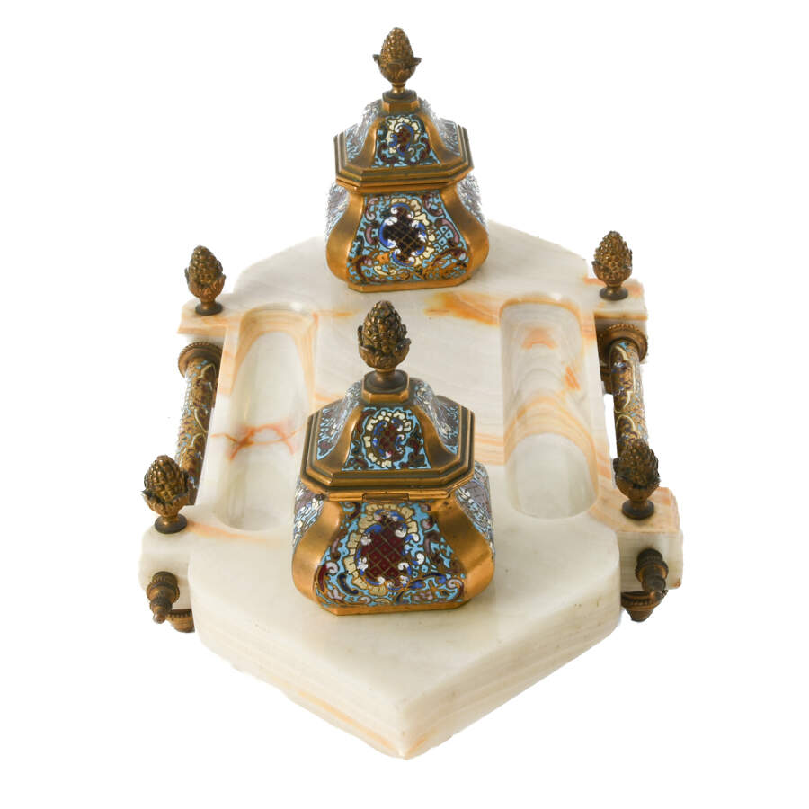 French Champlevé Enamel and Onyx Desktop Inkwell-5
