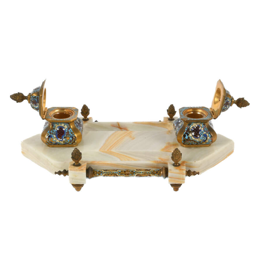 French Champlevé Enamel and Onyx Desktop Inkwell-2