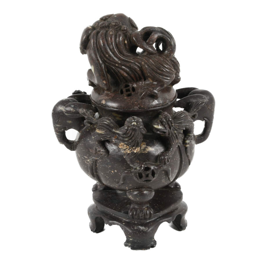 Carved Soapstone Imperial Guardian Lion Incense Censor Burner-3