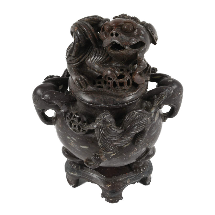 Carved Soapstone Imperial Guardian Lion Incense Censor Burner-1
