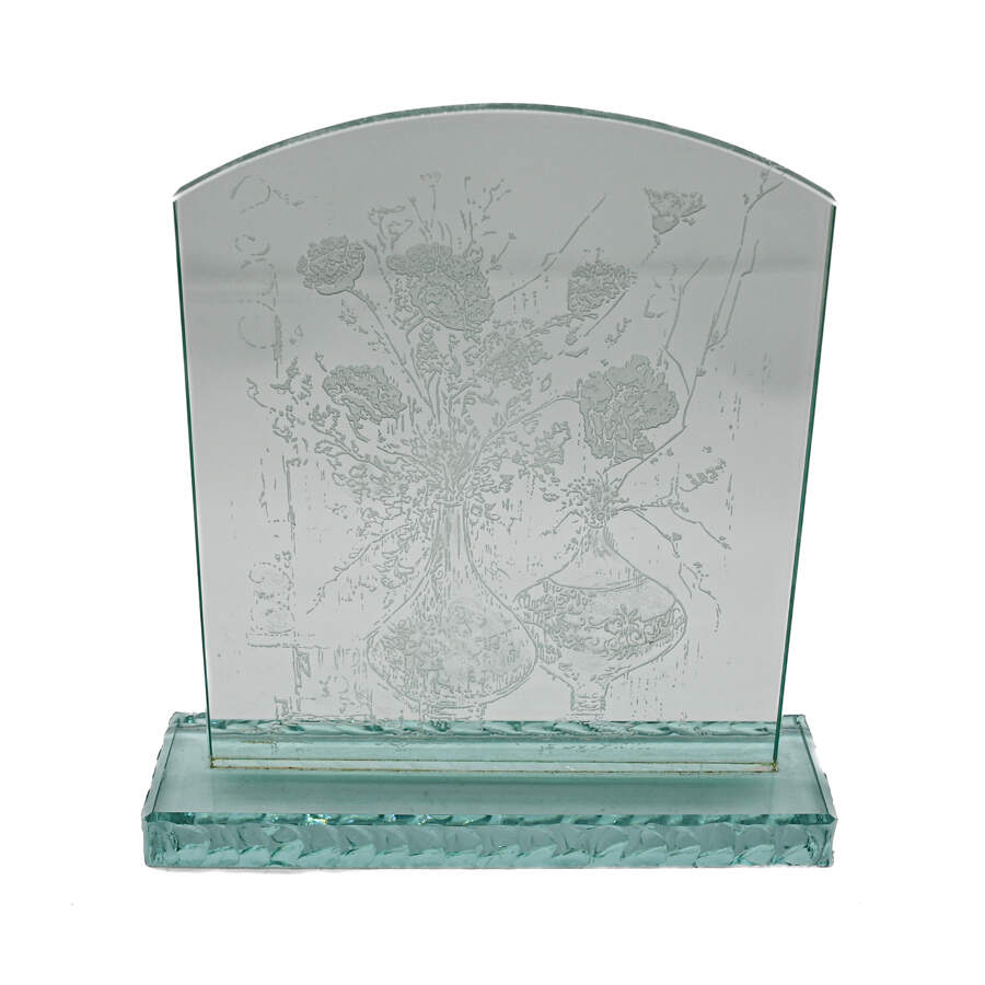 Edna Hibel Floral in Vases Etching on Glass Panel with Base-4