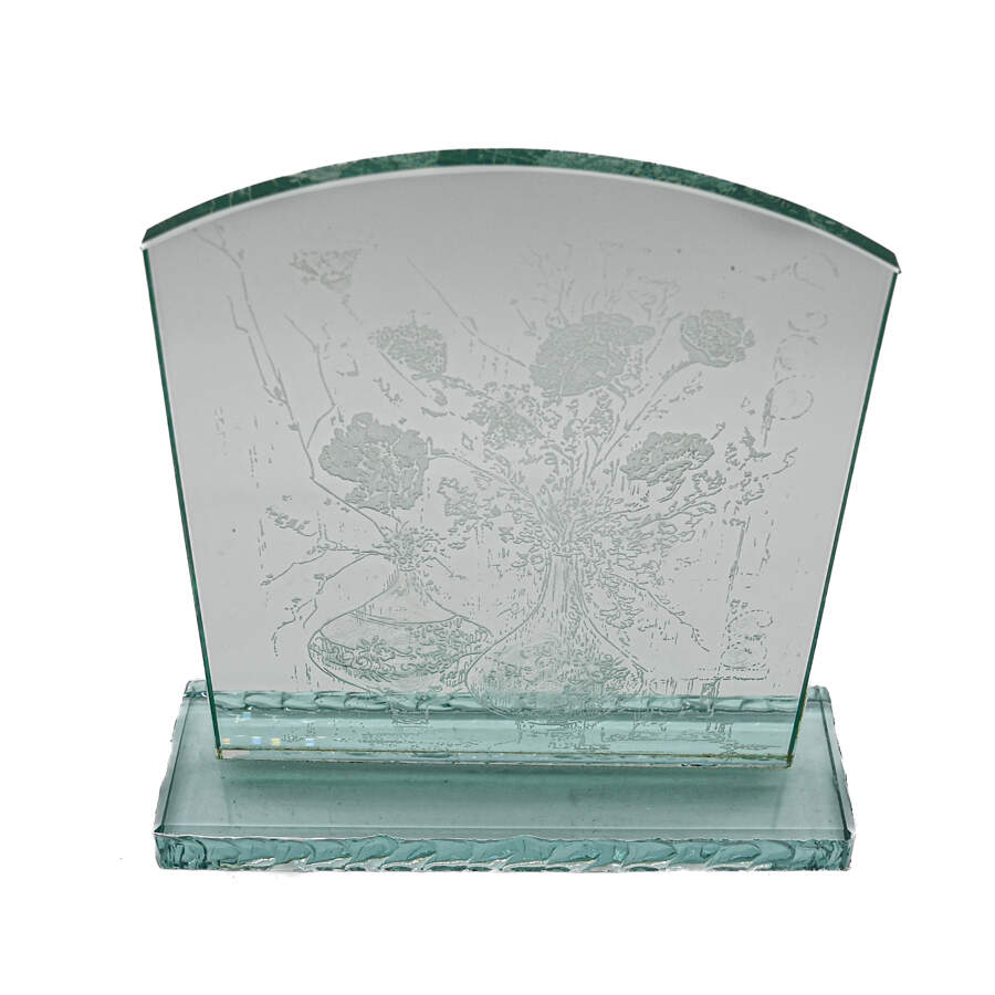 Edna Hibel Floral in Vases Etching on Glass Panel with Base-1