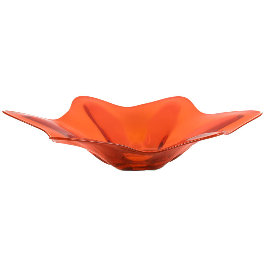 Hand Blown Orange-Red Flower Form Art Glass Centerbowl-2
