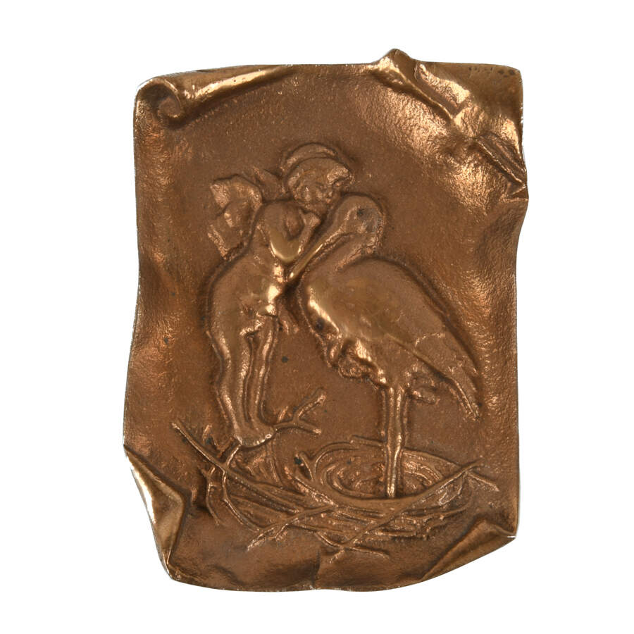 Pair of Brass Plates of a Cherub and Stork-3