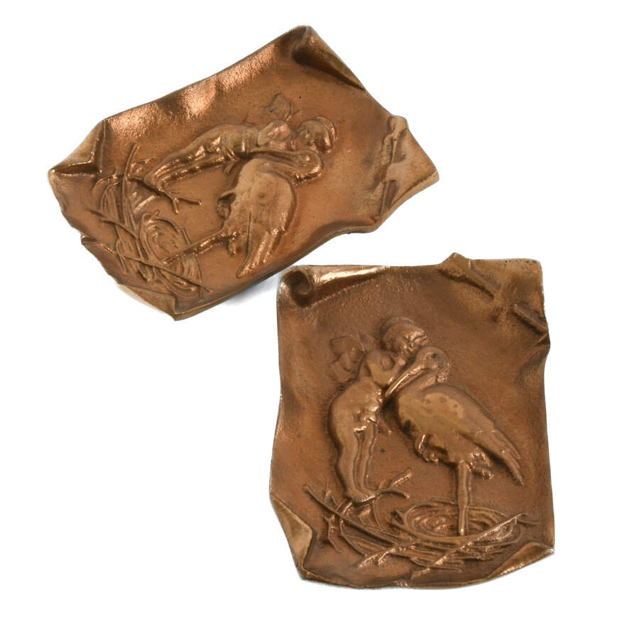 Pair of Brass Plates of a Cherub and Stork-2