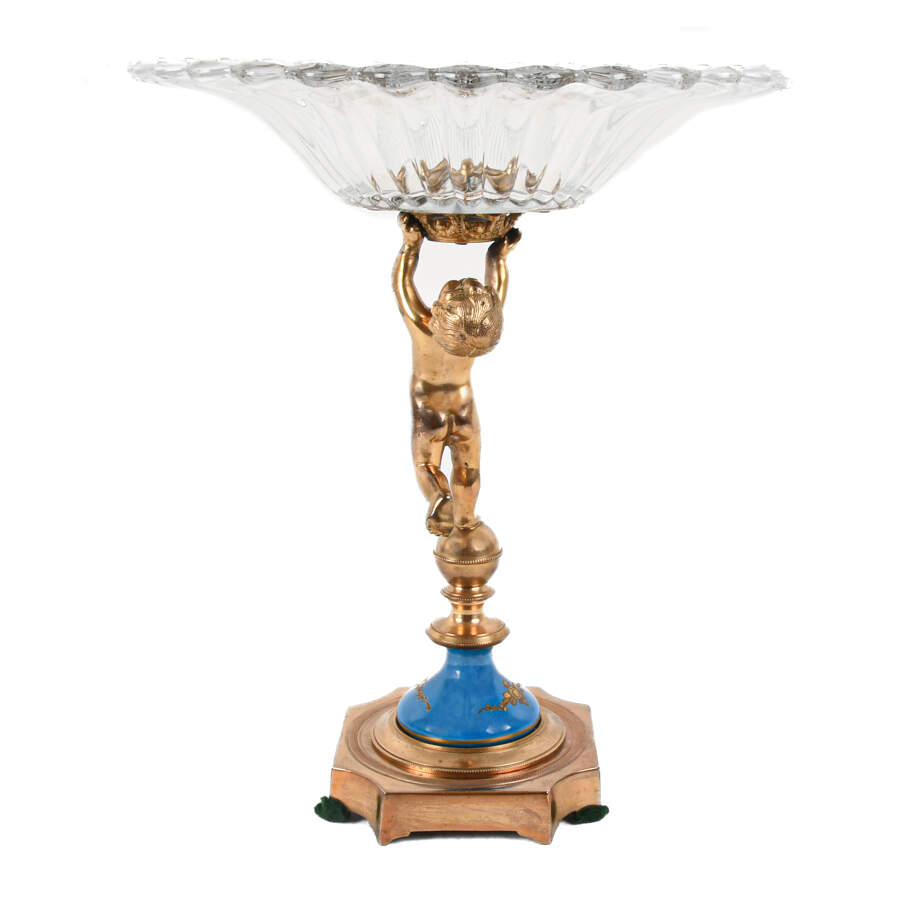 Heisey Clear Crystal Centerpiece Bowl on Blue Putti Pedestal-6