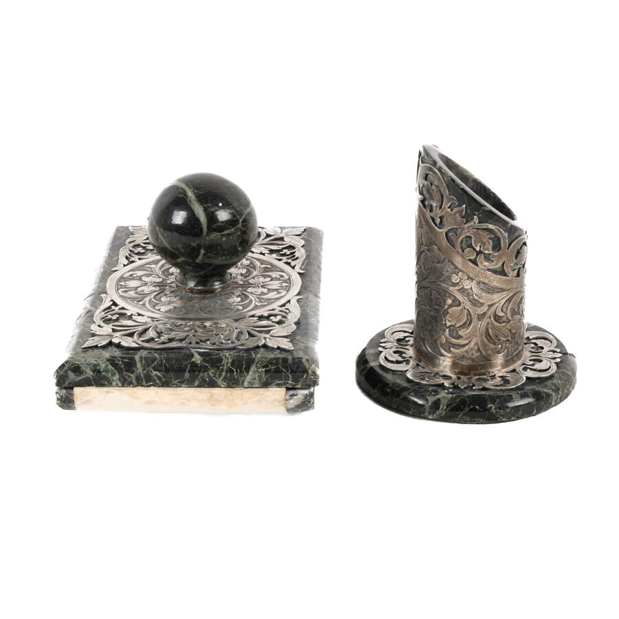 French Sterling Silver and Green Marble Pen Holder and Blotter Desk Set-2