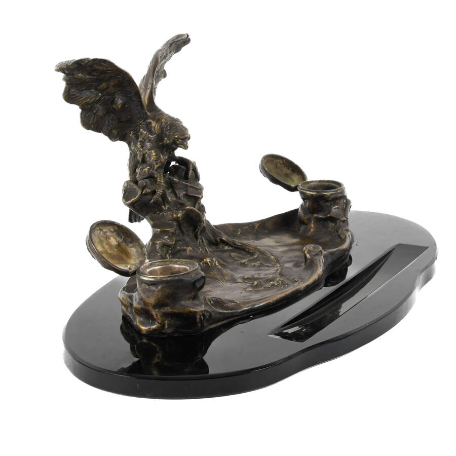 Signed Albert Marionnet Figural Eagle Bronze Double Inkwell-6