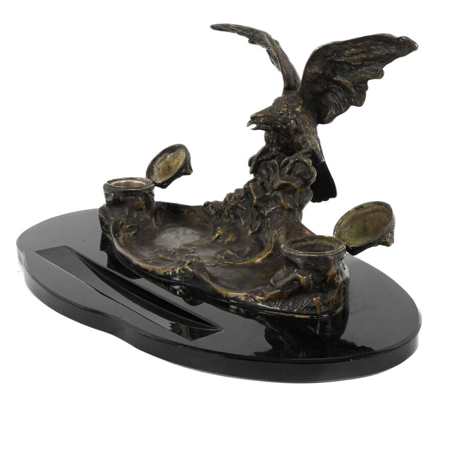 Signed Albert Marionnet Figural Eagle Bronze Double Inkwell-4
