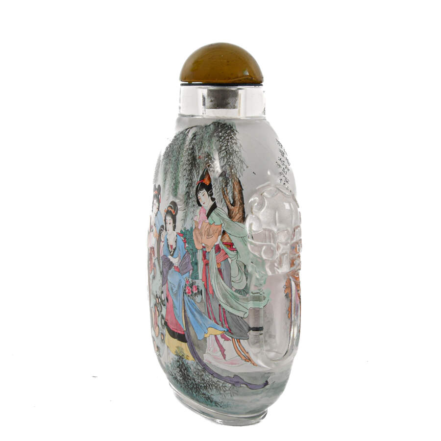 Oversized Chinese Reverse Painted Snuff Bottle of Three Female Figures-2