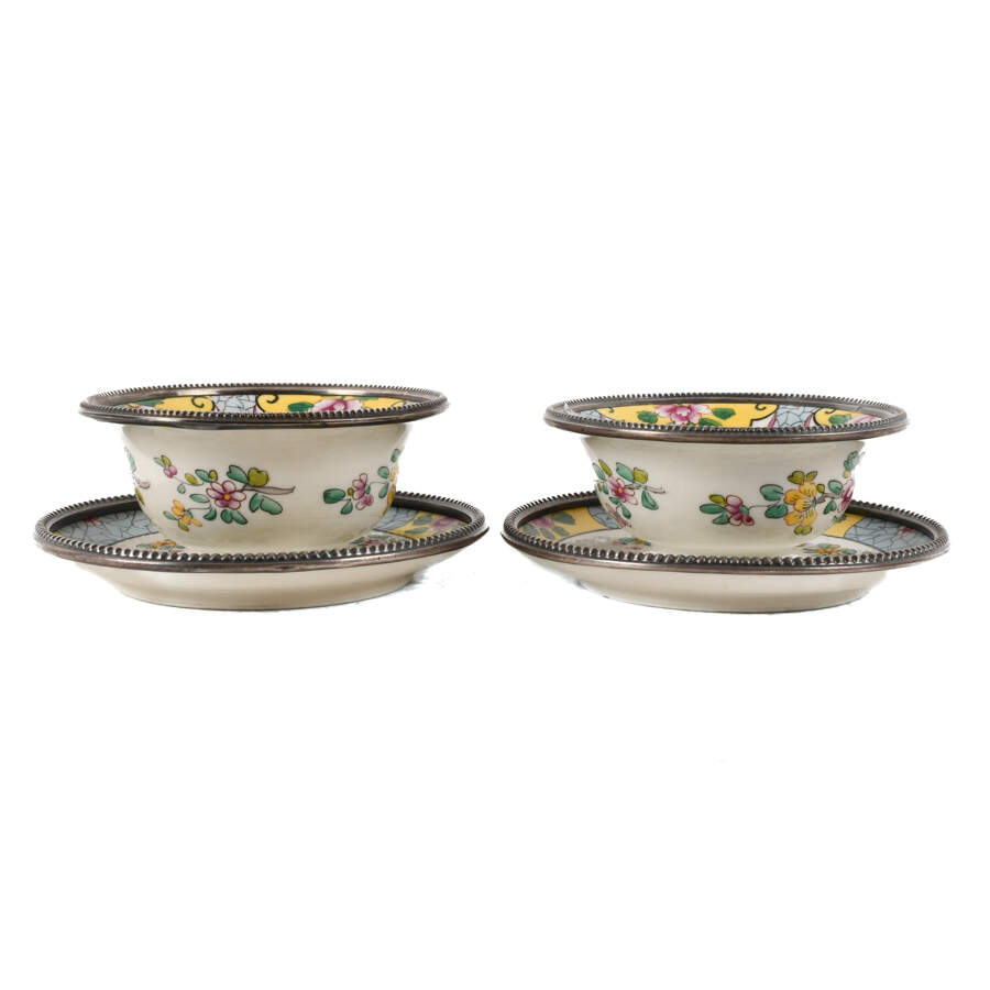 Set of Two Limoges Porcelain Soup Bowls with Sterling Rims-2