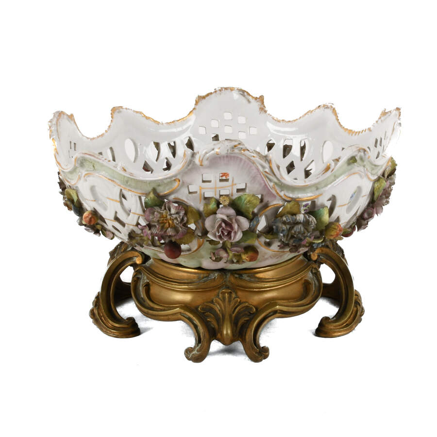 Antique German Floral Openwork Center Bowl with Bronze Feet-4
