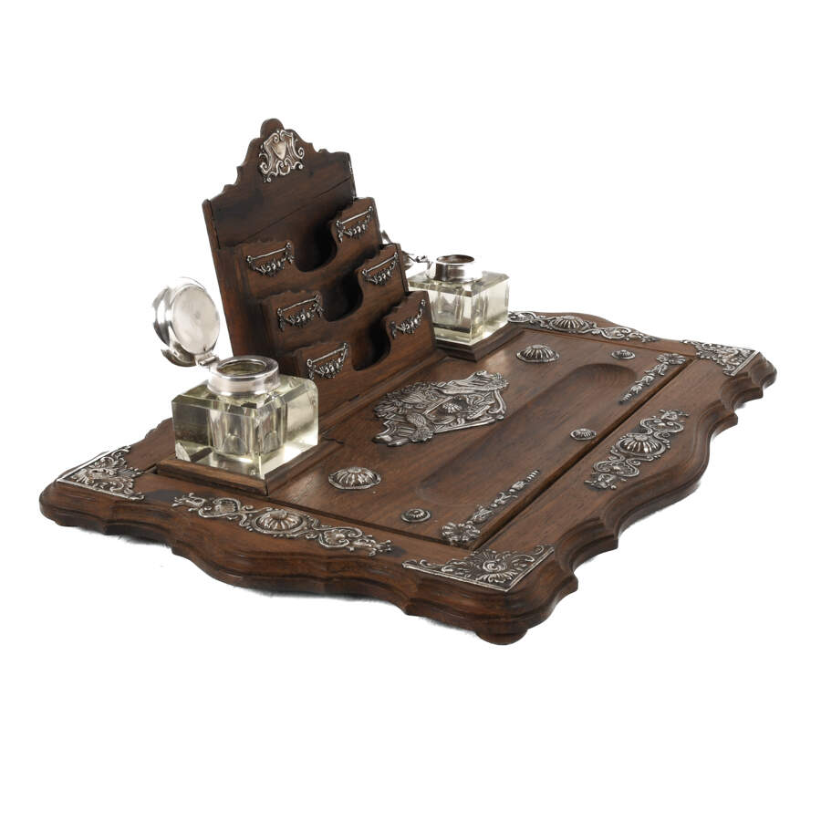 Wood Desk Stand with Glass Inkwells-7