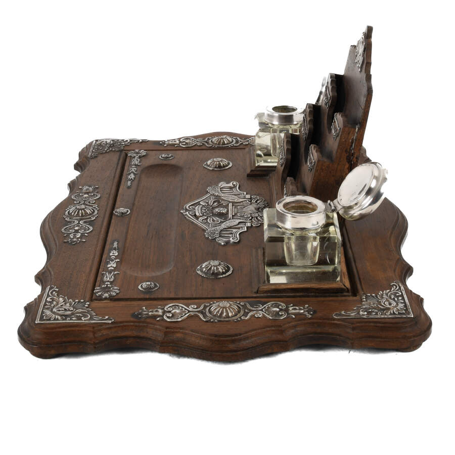 Wood Desk Stand with Glass Inkwells-5