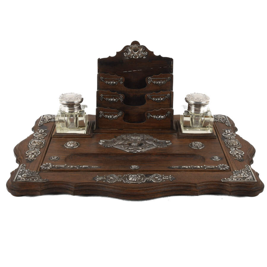 Wood Desk Stand with Glass Inkwells-1