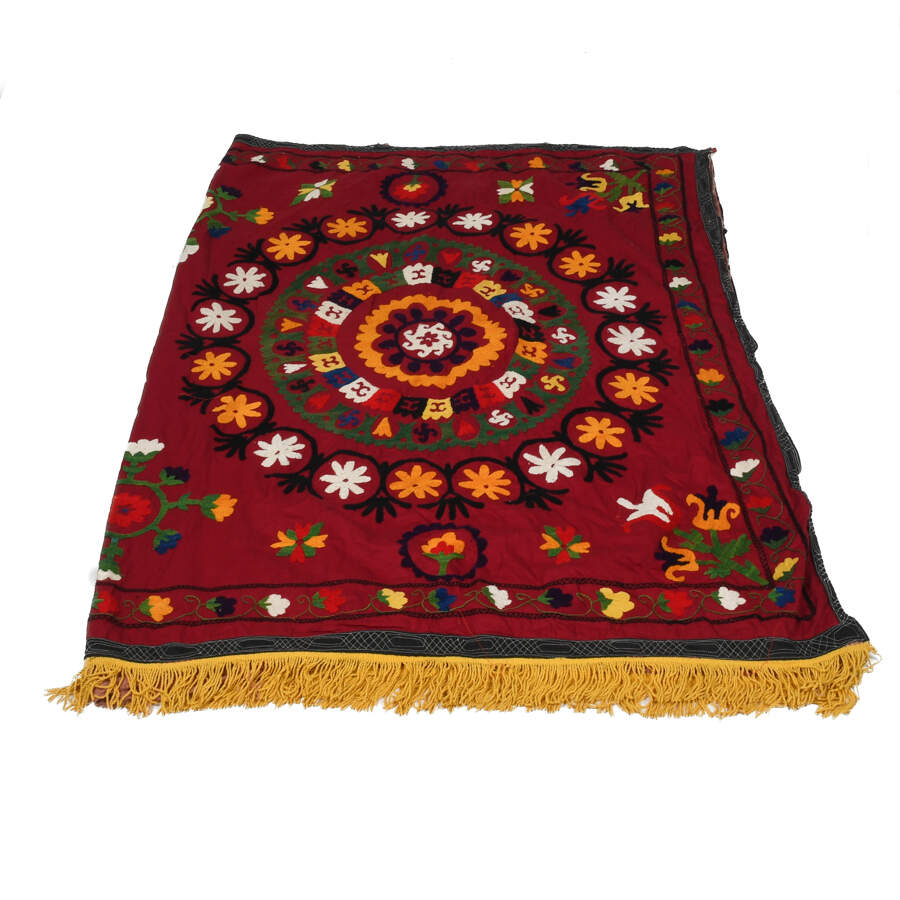 Hand-Embroidery Suzani Silk Crewel Fringed Textile Panel-1