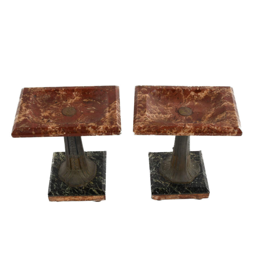 Pair Art Deco Red Marble Mantel Garnitures-2