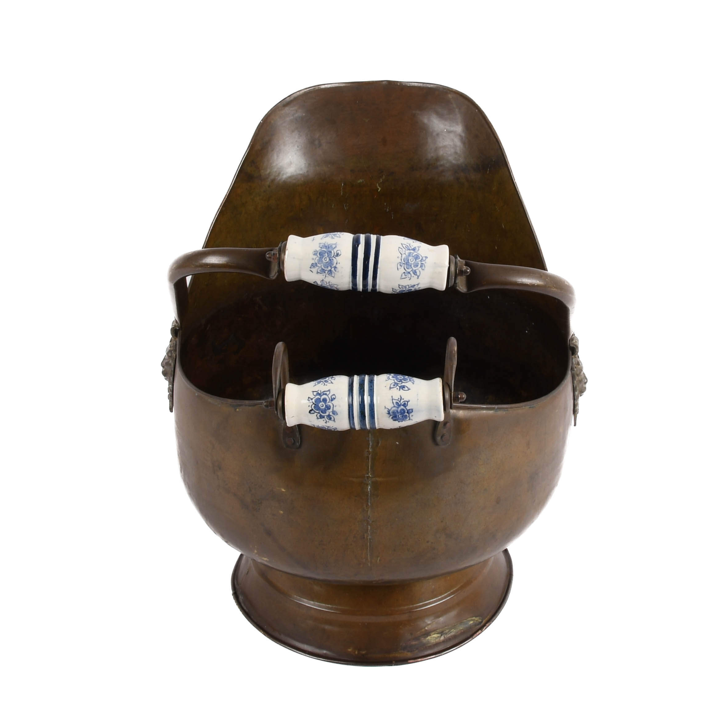 Antique Copper and Delft Handle Coal Bucket-3