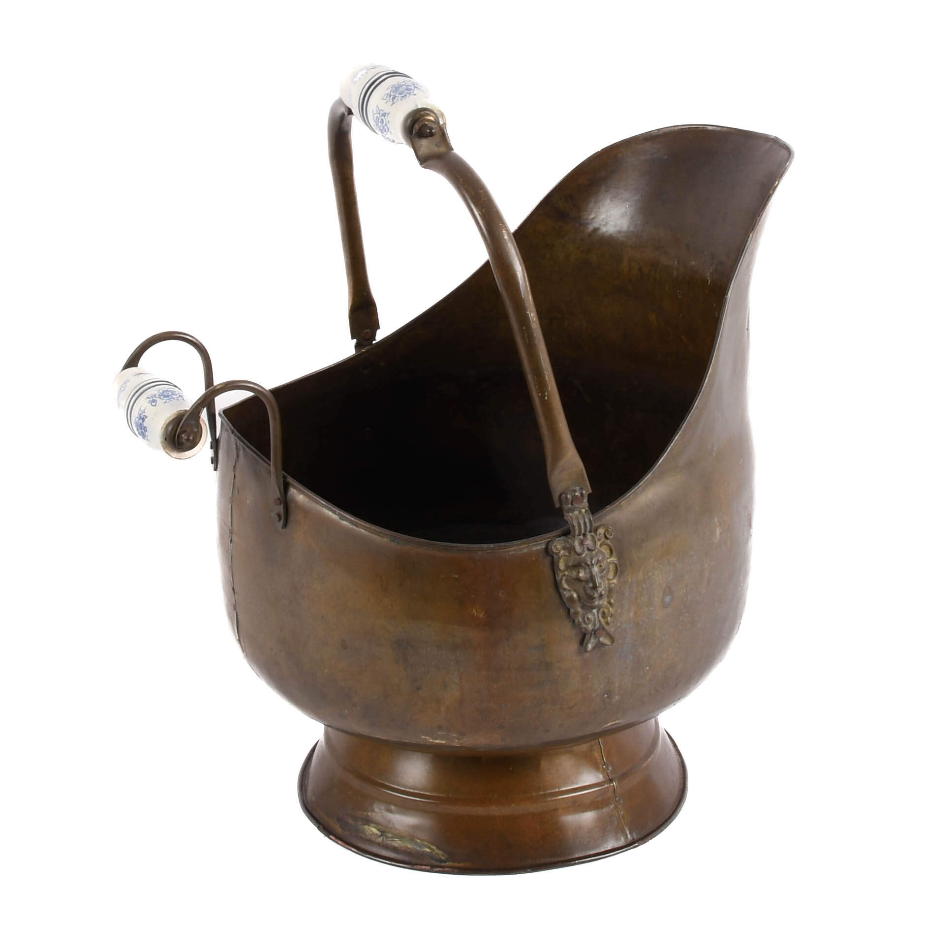 Antique Copper and Delft Handle Coal Bucket-2
