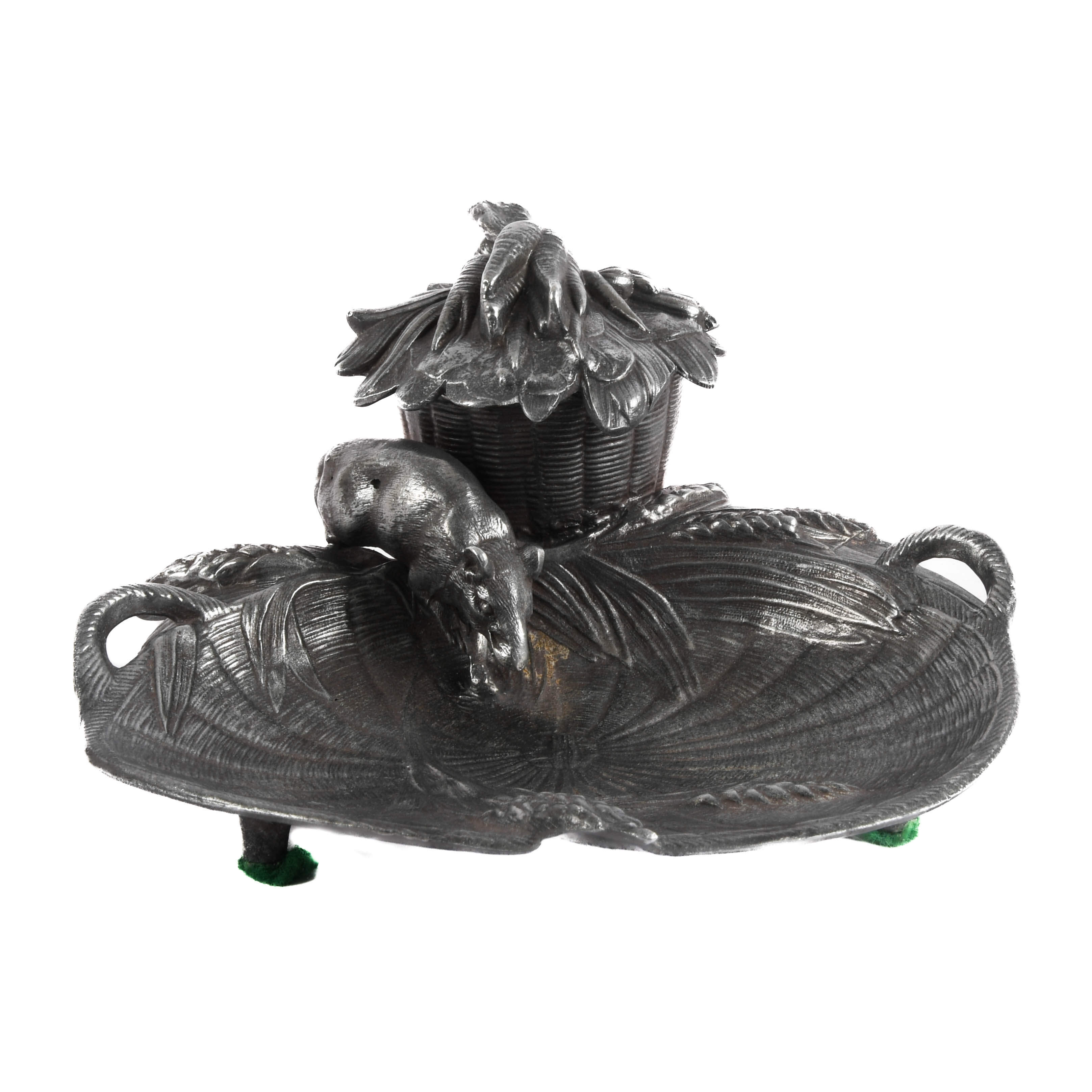 Antique Figural Cast Metal Mouse Inkwell-1