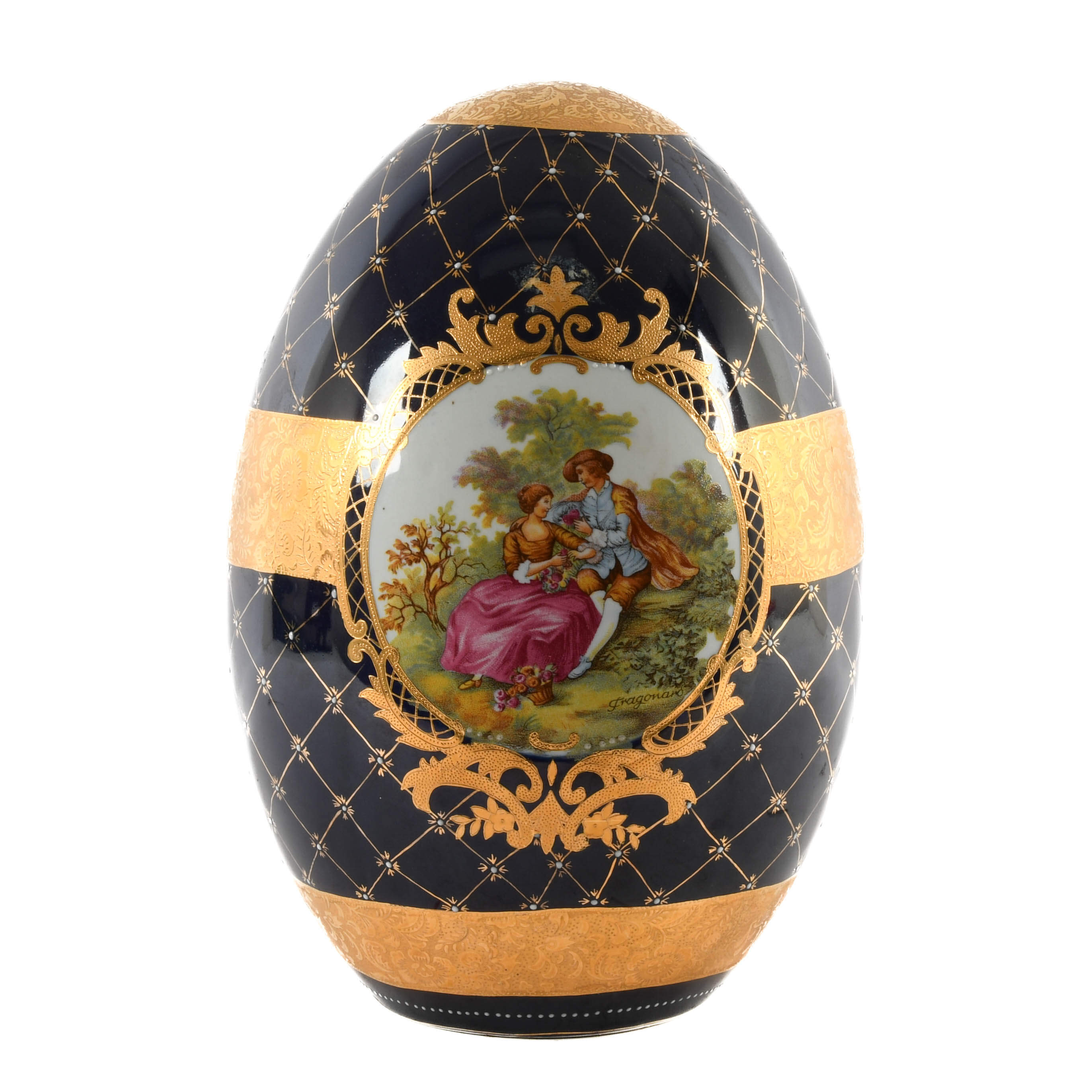 Oversized Limoges-Style Cobalt Blue and Gilt Decorated Egg-1