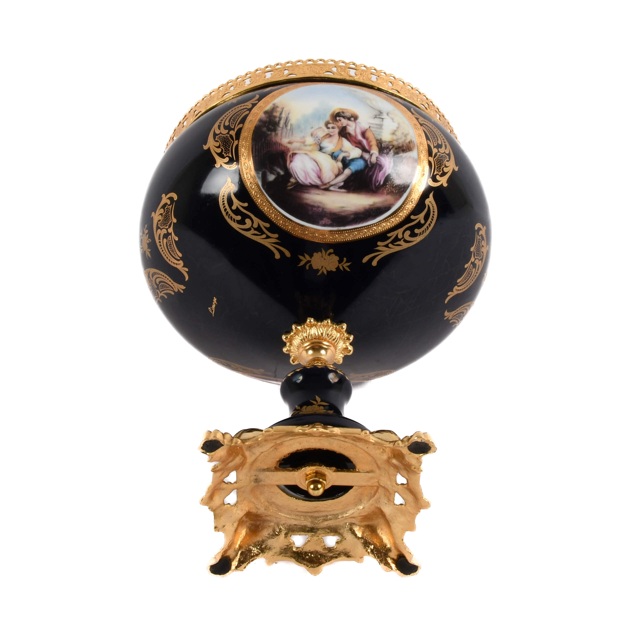 Lover's Scene Cobalt and Gilt Porcelain Compote by Limoge-13