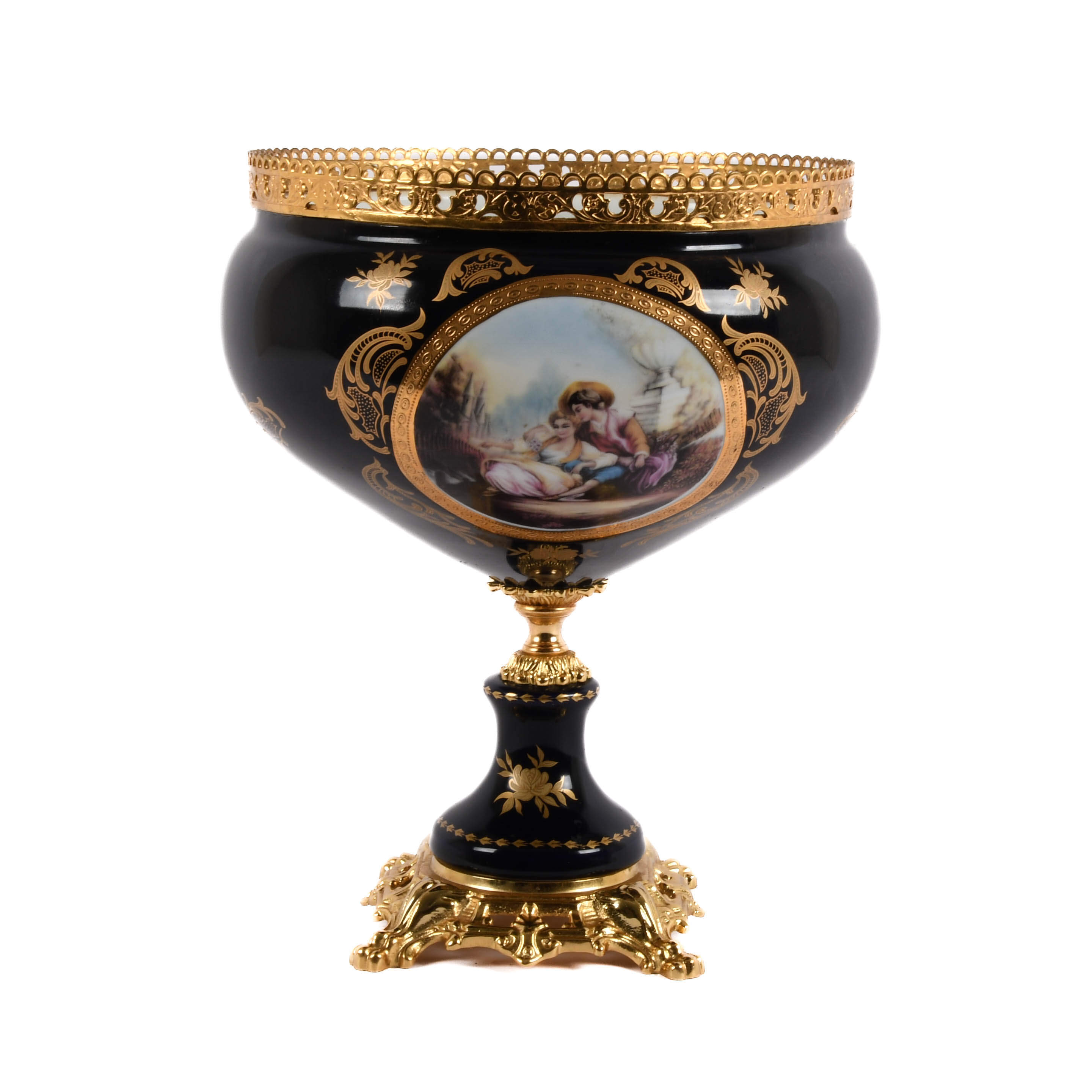 Lover's Scene Cobalt and Gilt Porcelain Compote by Limoge-12