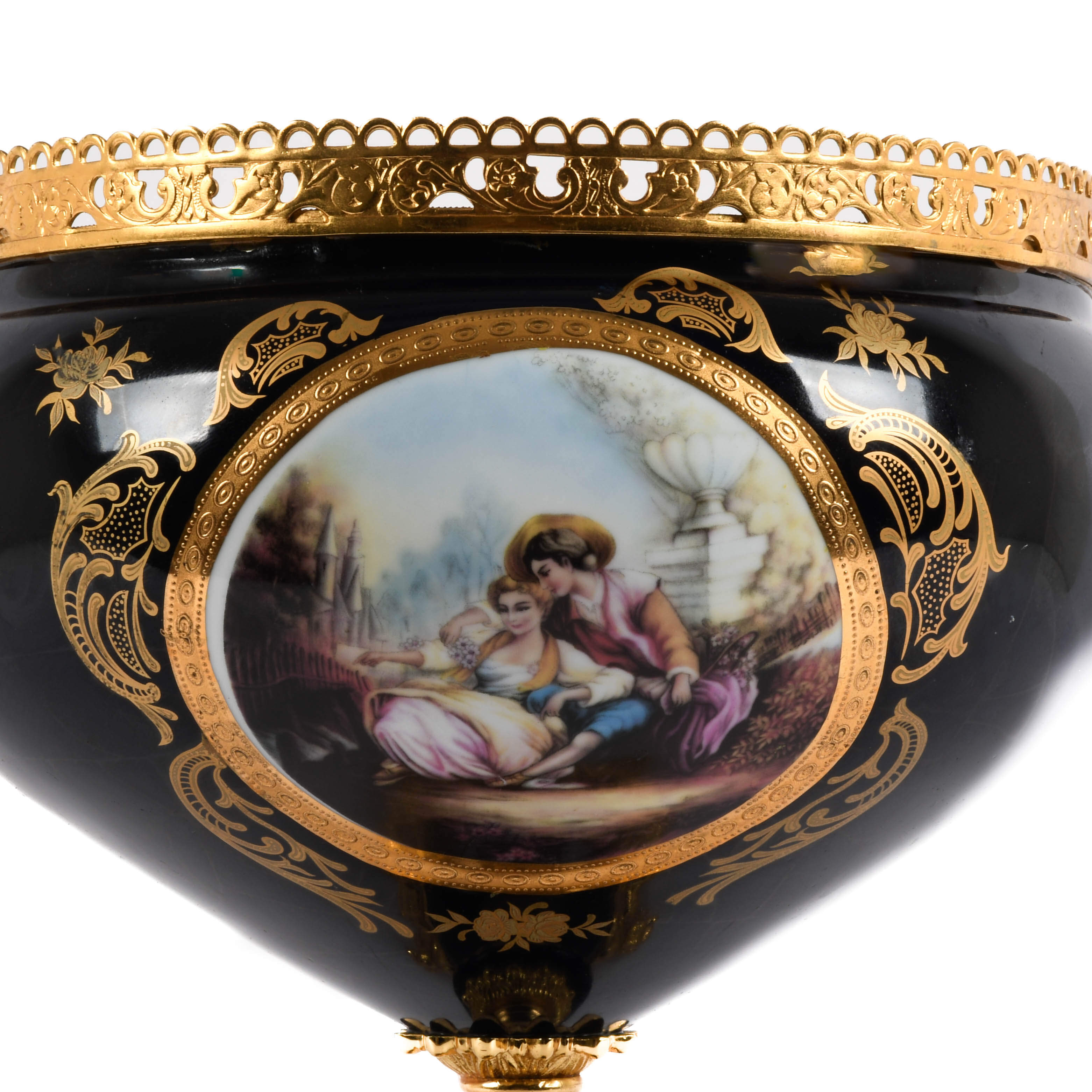 Lover's Scene Cobalt and Gilt Porcelain Compote by Limoge-9