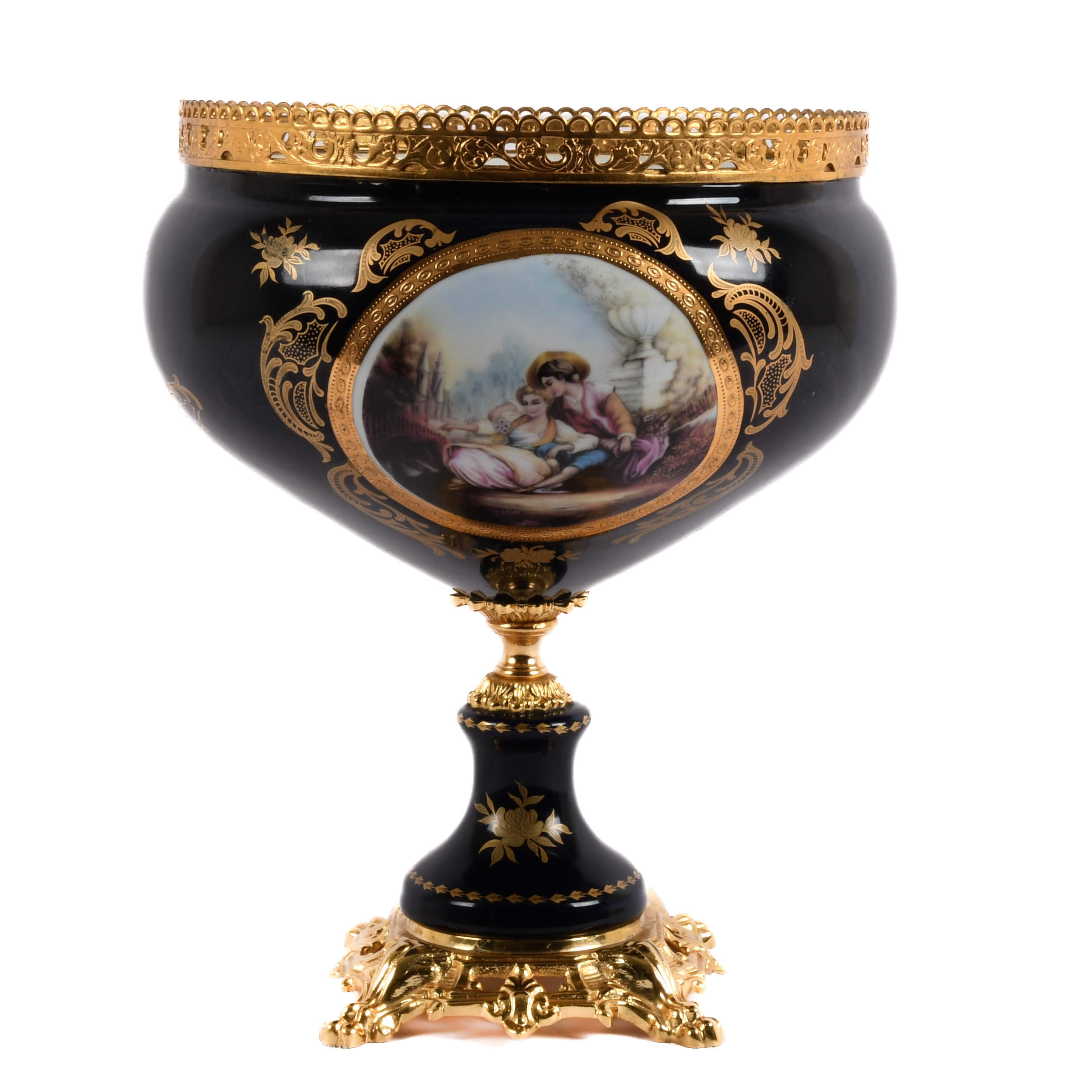 Lover's Scene Cobalt and Gilt Porcelain Compote by Limoge-8