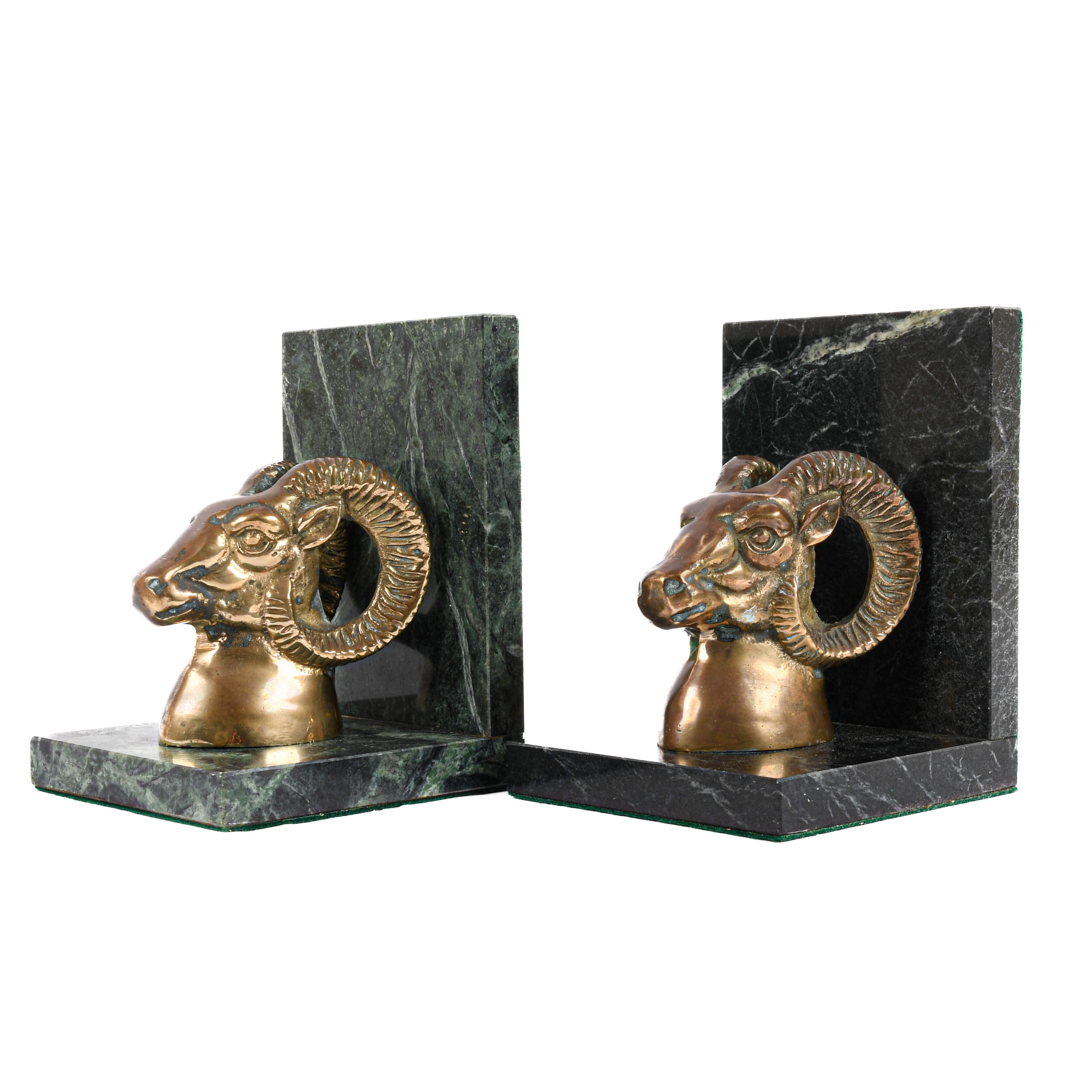 Pair of Marble and Brass Ram's Head Bookends-1