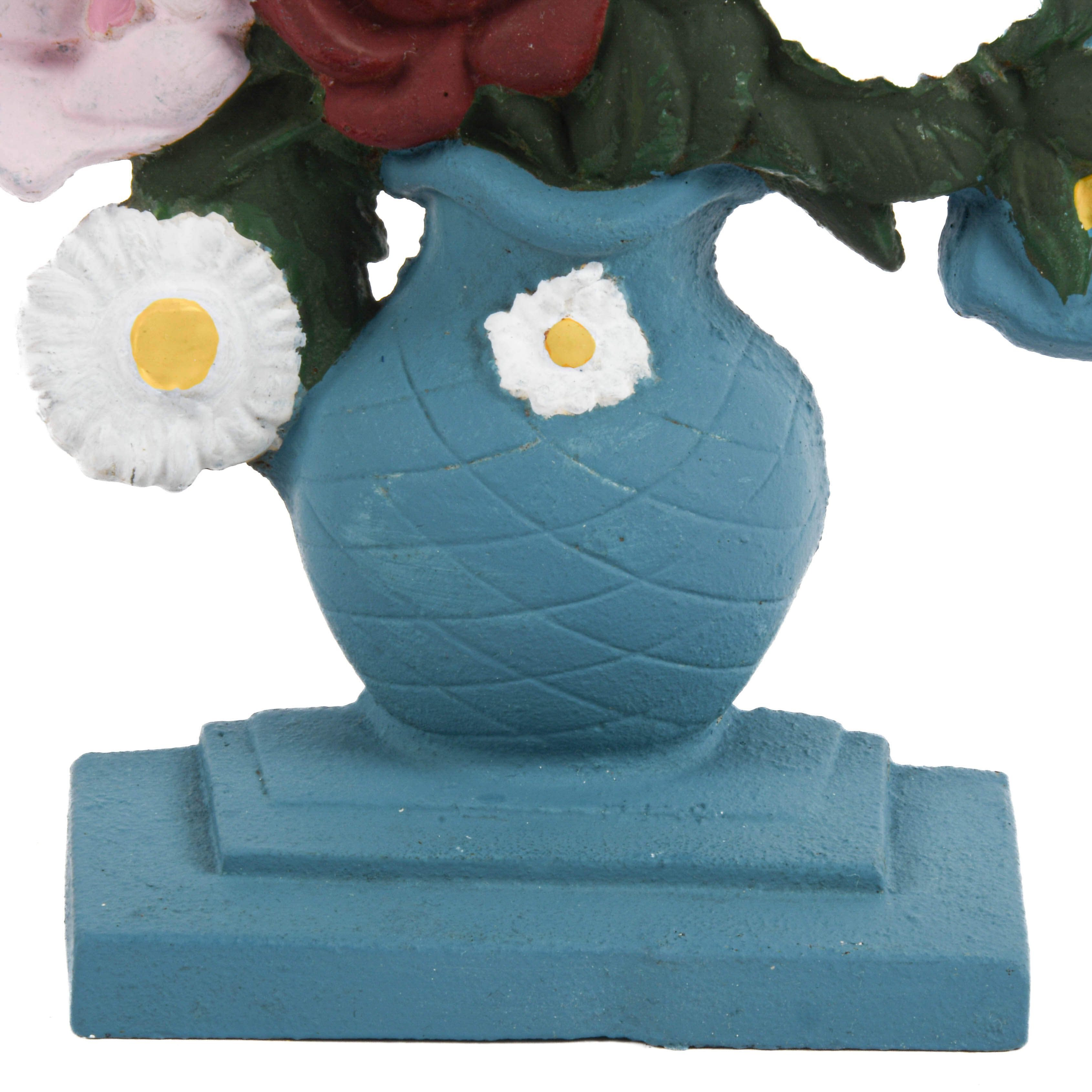 Art Deco Cast Iron Poppies & Dasies Floral Basket Doorstop-3