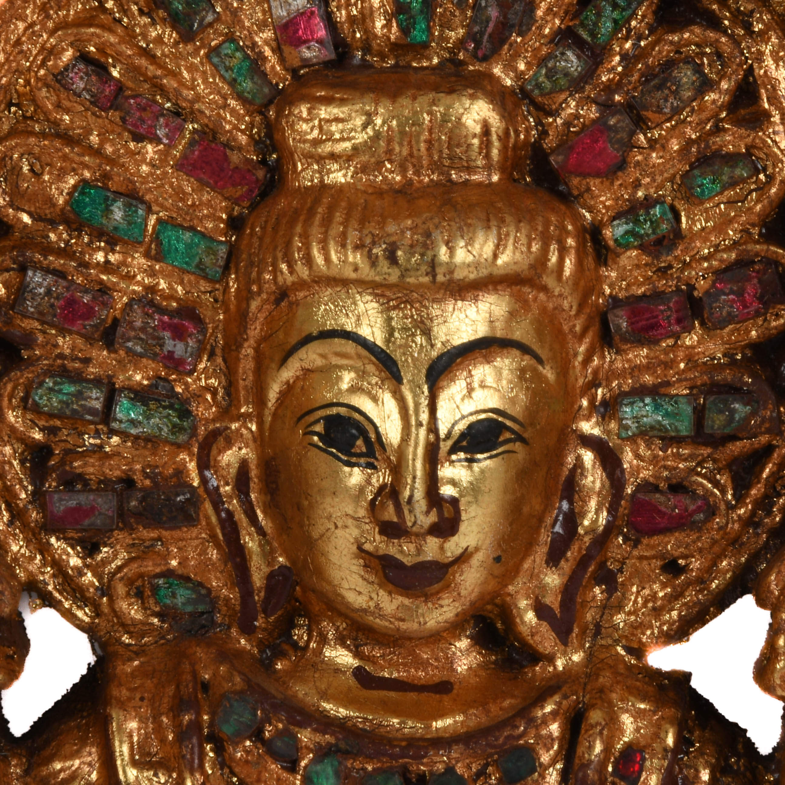 Gilt Wood Carved and Inlaid Stone Asian Wall Plaque-4