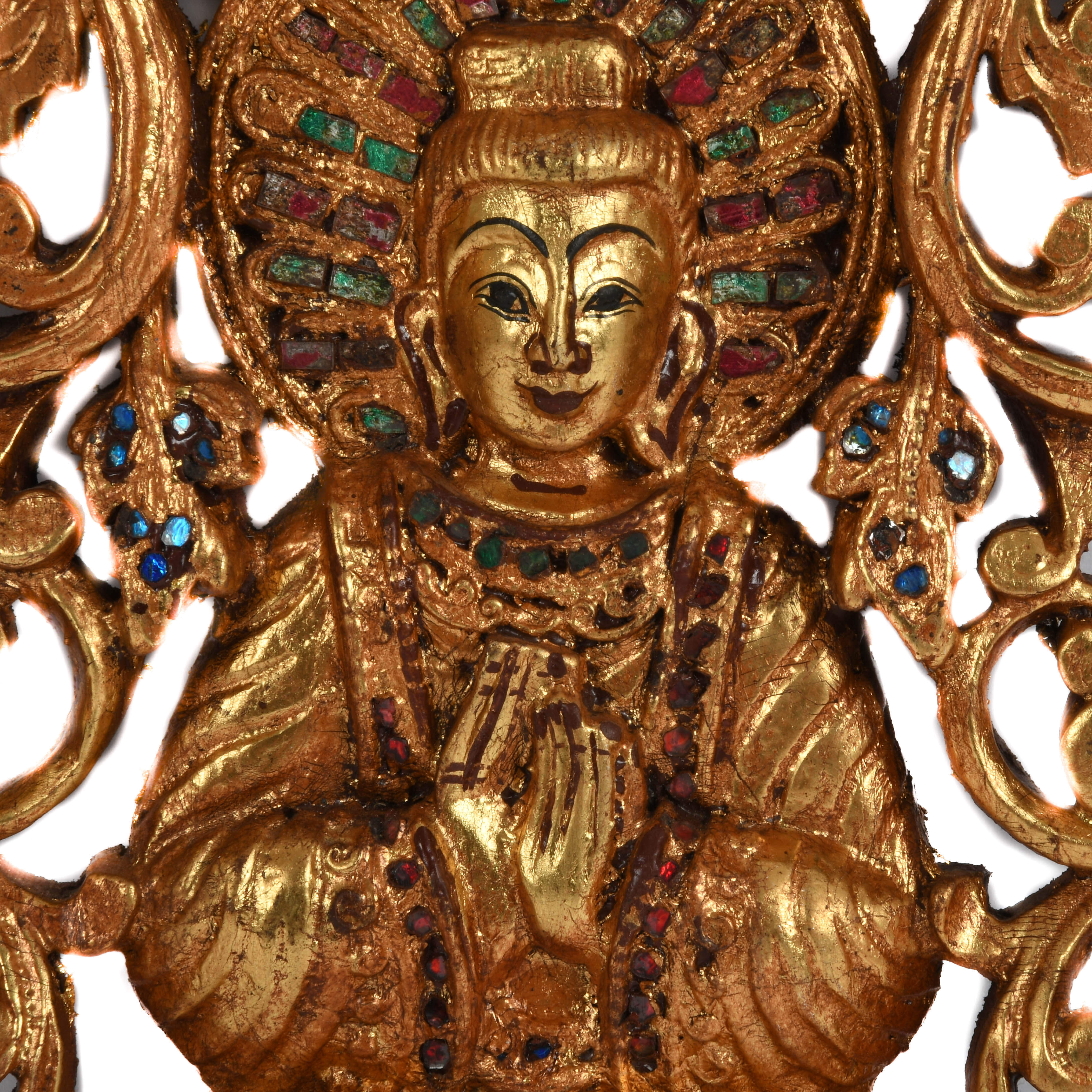 Gilt Wood Carved and Inlaid Stone Asian Wall Plaque-3