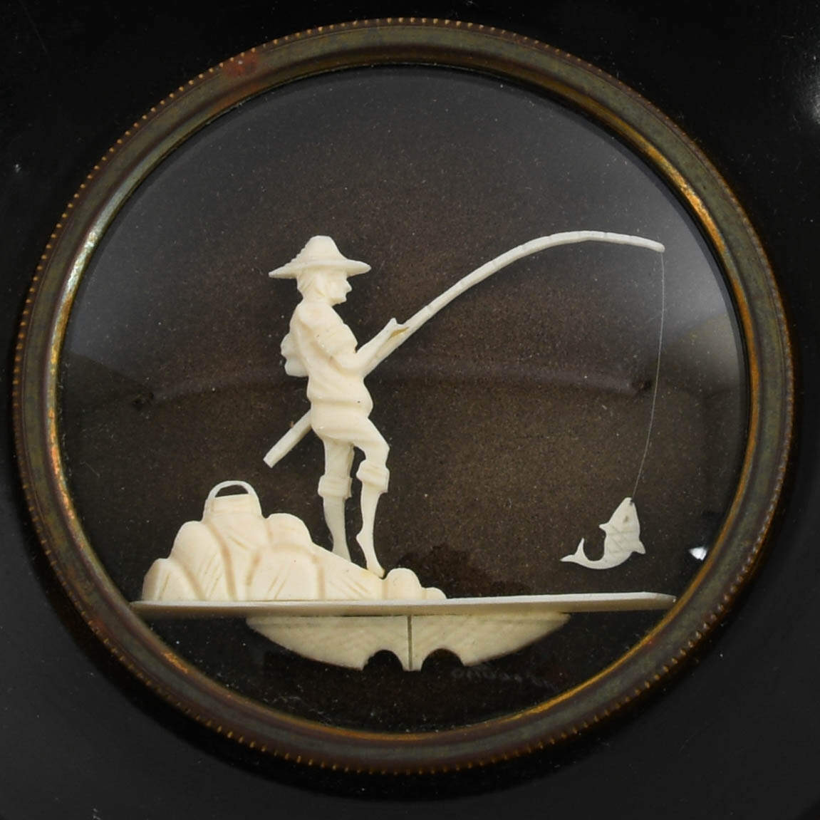 Antique Carved Fisherman Diorama Plaque-2