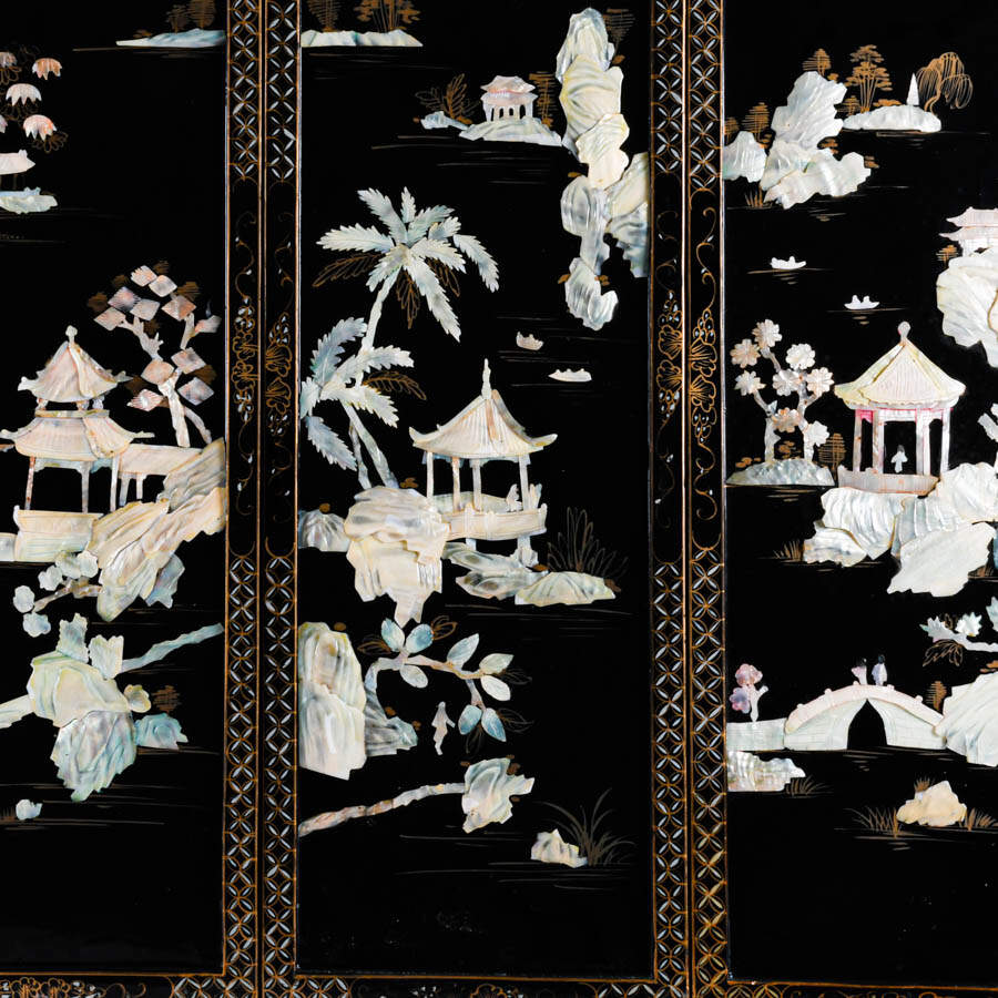 Set of Five Black Lacquer Asian Wall Panels-4