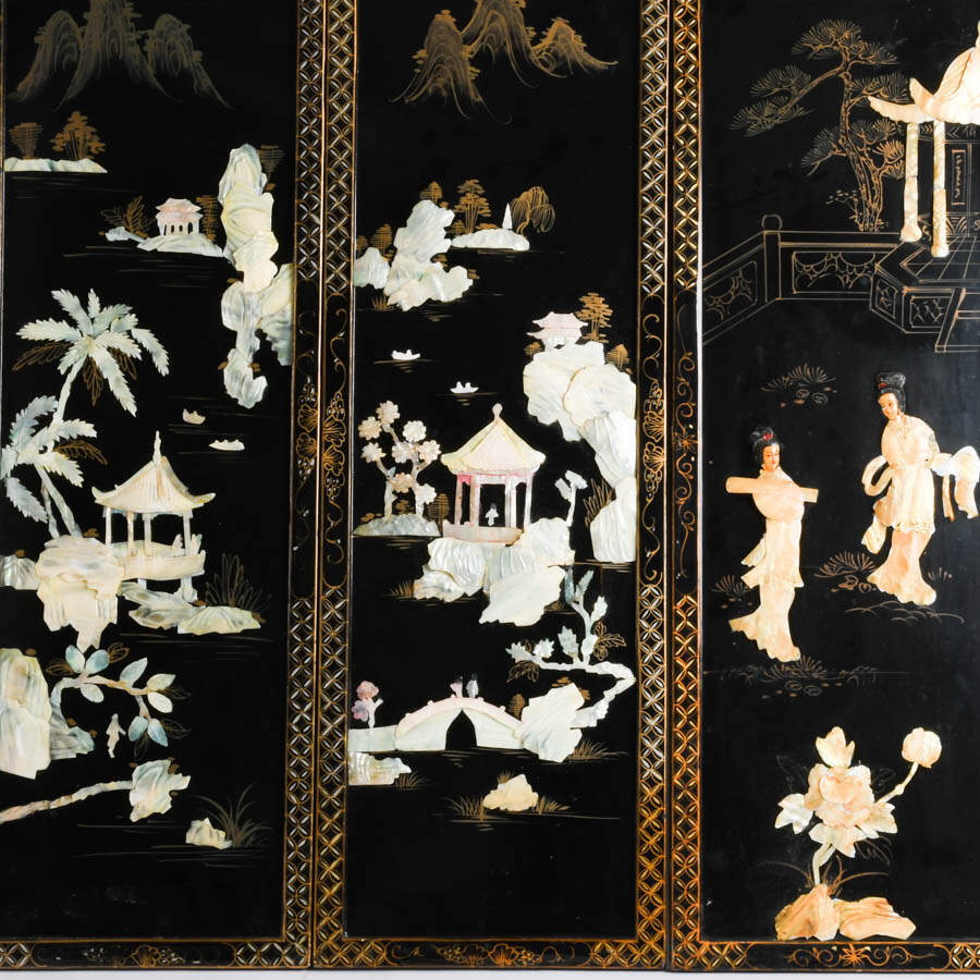 Set of Five Black Lacquer Asian Wall Panels-3