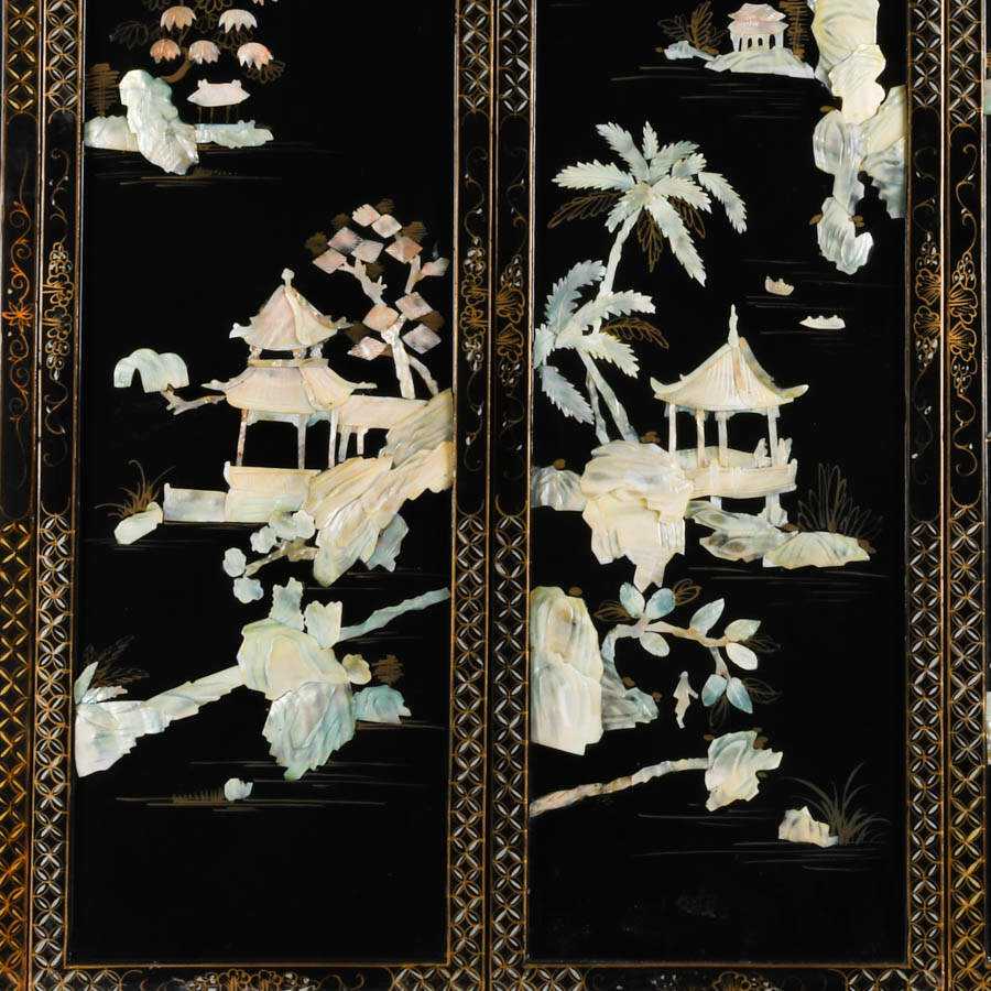 Set of Five Black Lacquer Asian Wall Panels-2