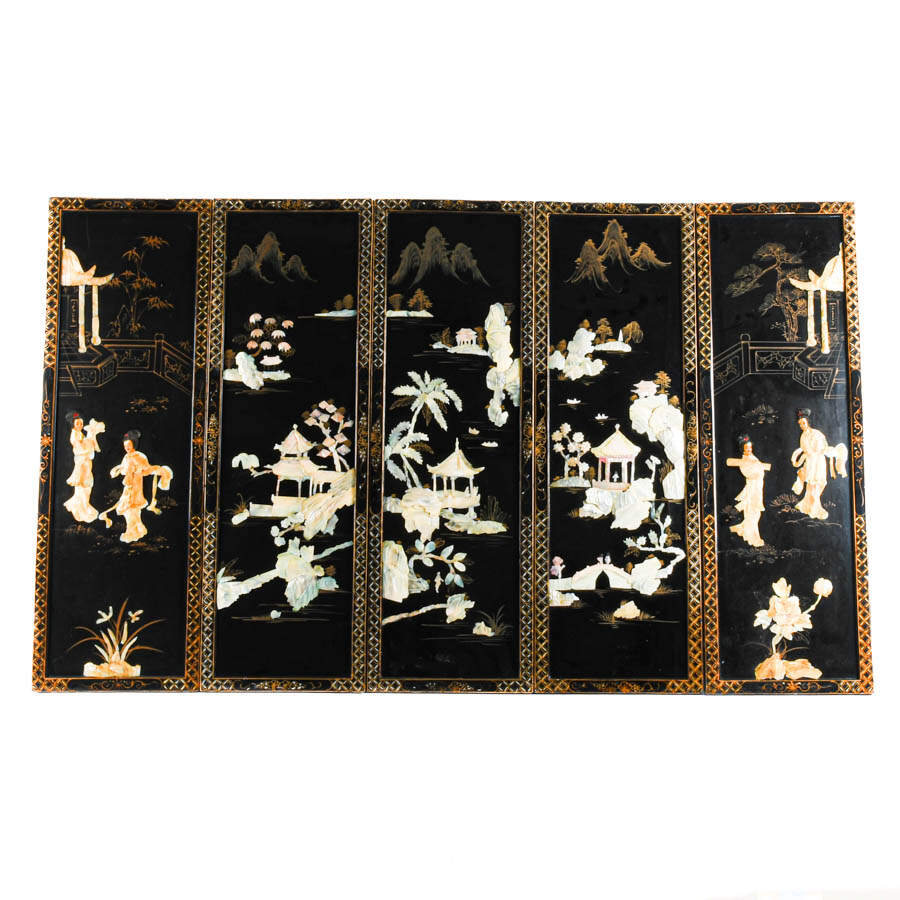 Set of Five Black Lacquer Asian Wall Panels-1