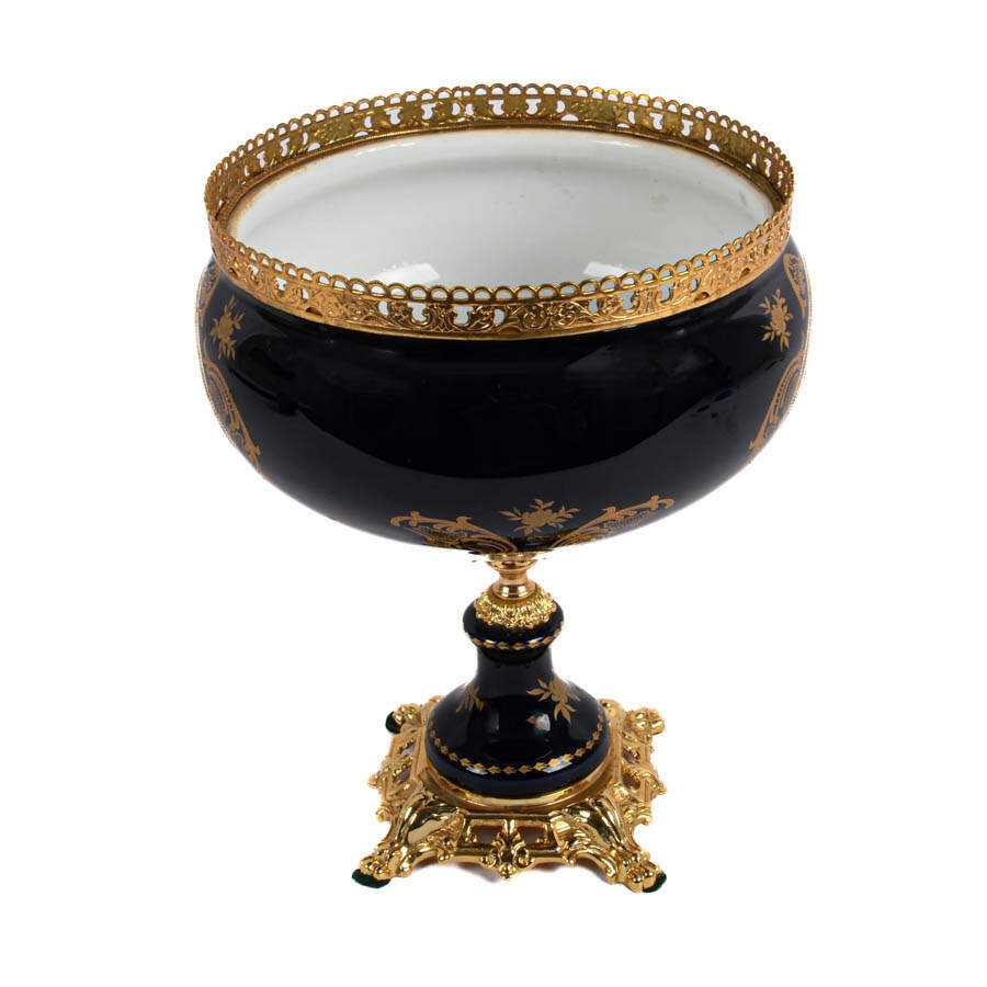 Lover's Scene Cobalt and Gilt Porcelain Compote by Limoge-4