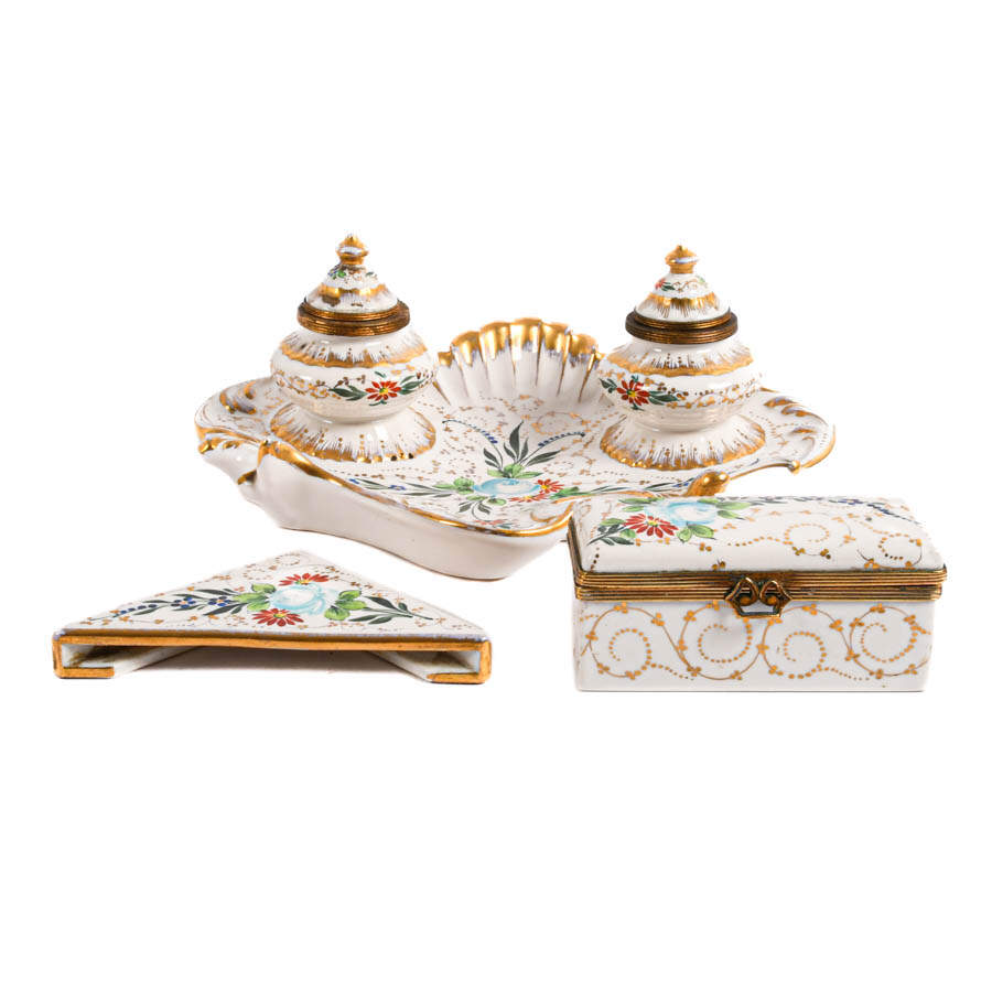 Hand-Painted Old Paris Floral Porcelain Desk Set-2