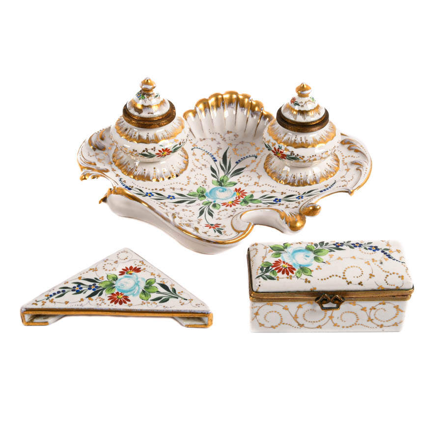 Hand-Painted Old Paris Floral Porcelain Desk Set-1