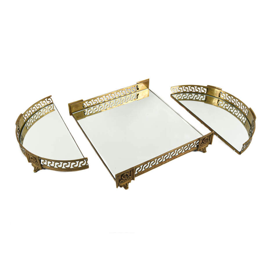 Antique Three-Piece Brass Footed and Mirrored Plateau Centerpiece-5